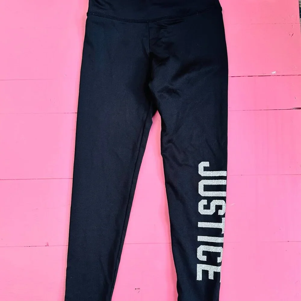 Justice Girls Leggings Size 8 Black Glitter Logo Athletic Pants